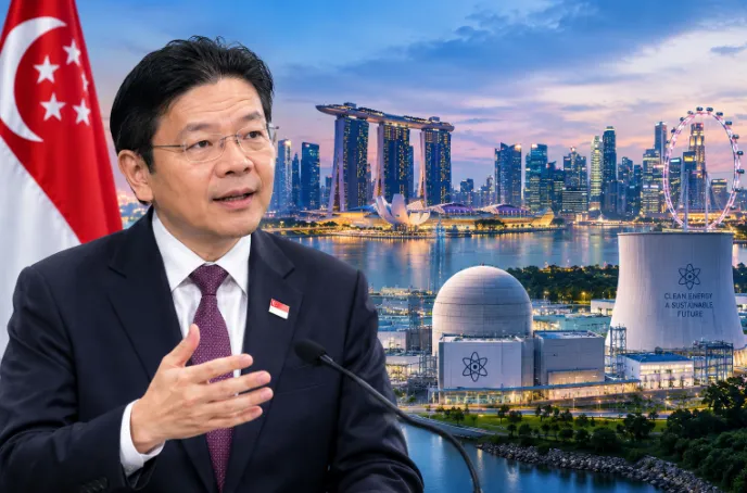 Ilustrasi Perdana Menteri Lawrence Wong dan PLTN di Singapura.